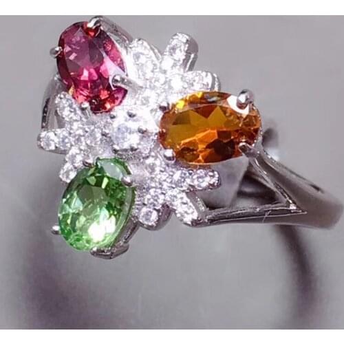 Per jewelry Natural real colorful tourmaline snowflake ring Free shipping 0.5ct*3pcs gemstone 925 sterling silver Q2041628