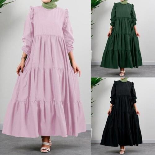 Retro Round Neck Full Sleeve Muslim Womens Summer Autumn Casual Abayas Turban Maxi Dress Dubai Abaya Turkey Islam Clothing 2021