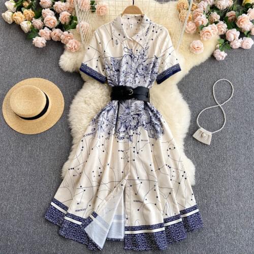 Luxury Quality 2021 Summer Elegant Womens Turn Down Collar Vintage Print Dress With Belt Office Ladies Female Dresses