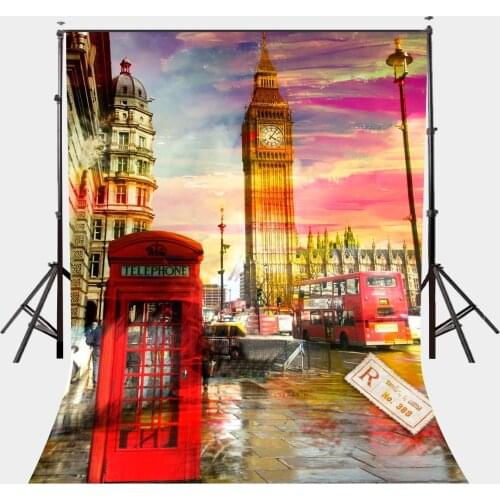 150x220cm Bustling Street Scene Backdrop Red Phone Booth Photography Background Studio Props