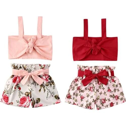2020 Kid Baby Girl Cropped Bow Crop Tops Shirt Floral Print Short Pants 2pcs Outfit Clothes Children Summer Sets