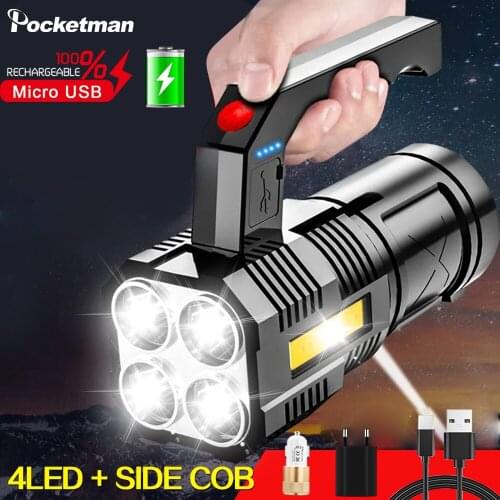 4 LED+COB Flashlight Portable USB Rechargeable Flashlights Waterproof Torch Work Light with Power Display Built-in Battery