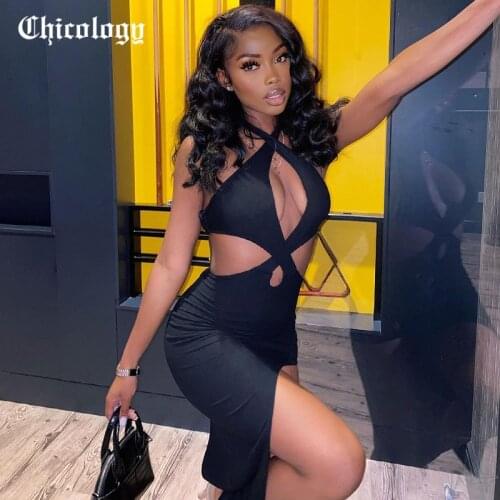 Chicology Women Summer 2021 Dress Irregular Hem Hollow Sleeveless Sexy Halter Straps Bodycon Elegant Party Birthday Dresses