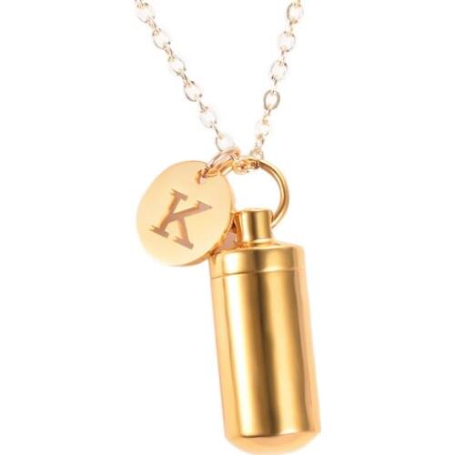 Stainless Steel Cremation Urn Ashes Cylinder Vial Pendant Necklace Letter Initial Charm Memorial Jewelry