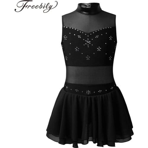 Kids Teens Sleeveless Dance Leotard Figure Skating Dress Metallic Tulle Splice Cutouts Girls Rhinestone Gymnastic Ballet Dress