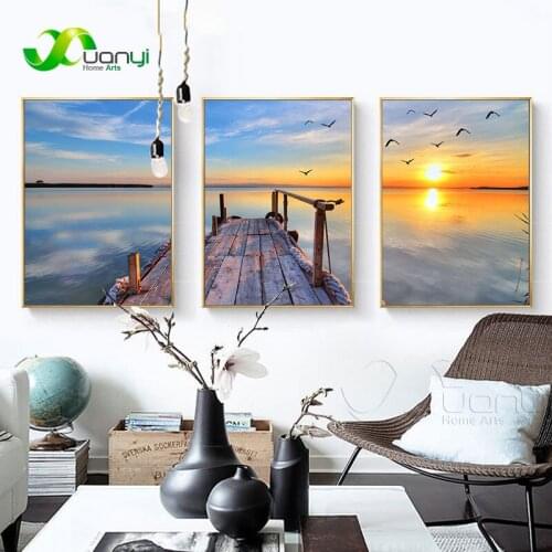 3 Panel Seascape Canvas Oil Painting And Print Beach Sunset Seascape Wall Picture For Living Room Cuadros Decoration Unframed