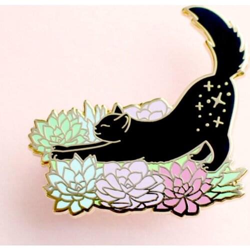 Kawaii Succulent Cat Hard Enamel Pin Fashion Pastel Flower Cartoons Black Cats Animal Medal Brooch Jewelry Unique Gift