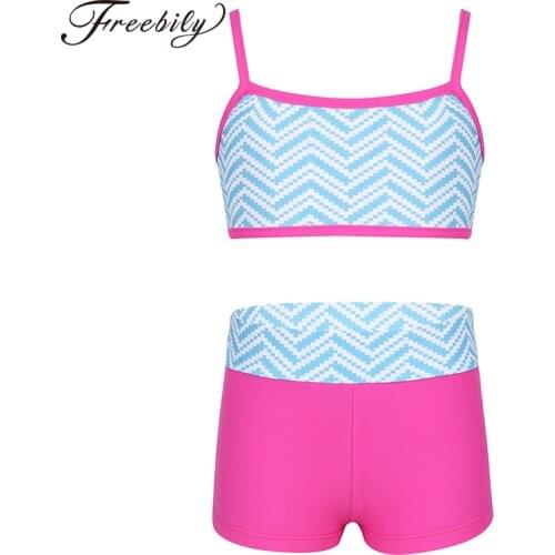 Girls Spaghetti Shoulder Straps Caged Back Crop Top Shorts Set Child Ballet Dance Gym Workout Gymnastics Suits Kids Dance Wear