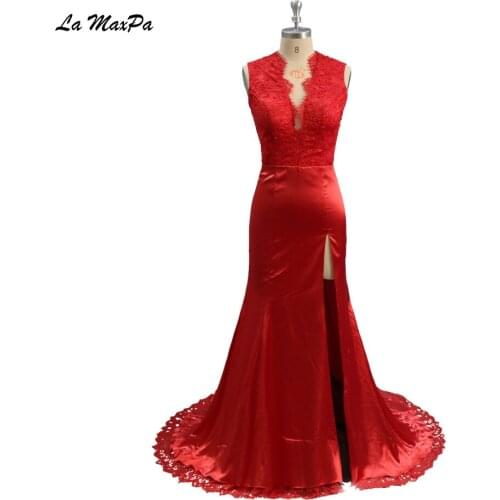 Beautiful V Neck Side Slit Red Mermaid Backless Prom Dress CMT18