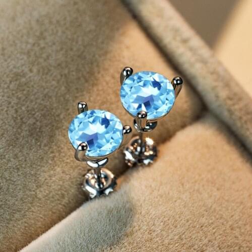 Cute Female 6/7/8mm Natural Aquamarine Round Earring Real 925 Sterling Silver Earrings For Women Charm Small Screw Stud Earrings