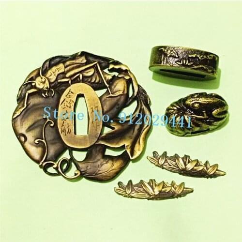 A Set Japanese Katana Sword Fittings Tsuba +Fuchi+ Kashira+ Menuki