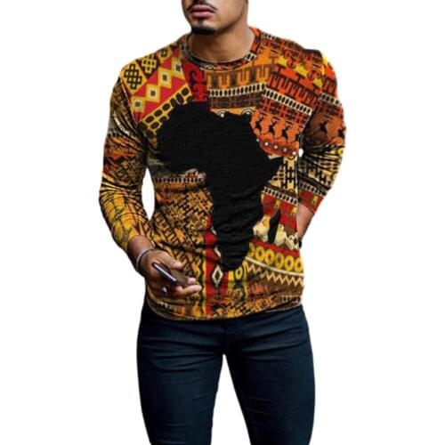 Fashion New Autumn Winter Mens Oversize T-shirt Map of Africa Retro Print Long-sleeved High-necked Top Vintage T Shirt For Men