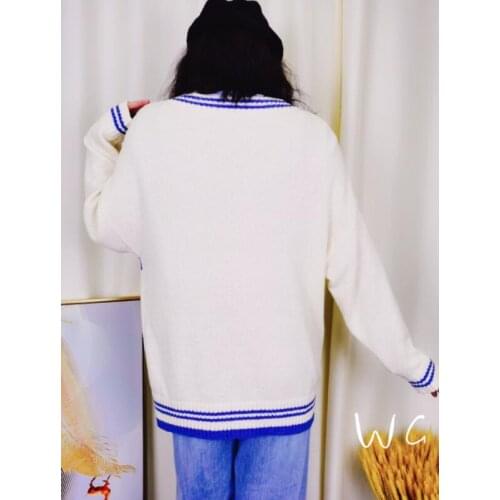 2020 Spring and Summer New Blue and White Texture V-neck Long-sleeved Knitted Cardigan