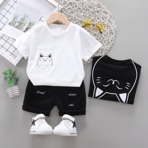 Toddler Kids Baby Girls Boys Cartoon Cat Print T-Shirt + Shorts Outfit Summer Casual Children Clothing Set