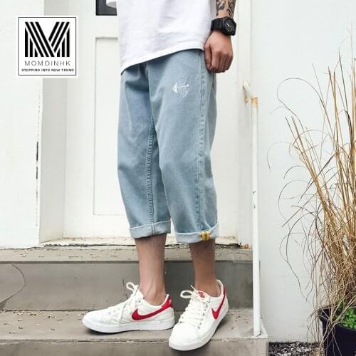 Wholesale 2020 teenager Cropped jeans mens shorts Korean style loose straight wide leg pants Fish bone embroidery Cropped pants