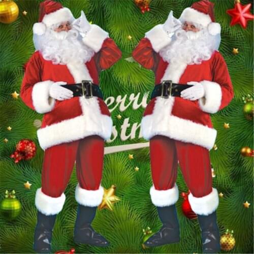Wholesale Christmas Santa Claus Costume Cosplay Santa Claus Clothes Fancy Dress Men Tops+Pants+Hat+Belt+Moustache+Boots
