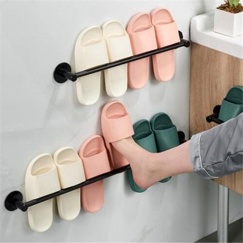 Bathroom Organizer Slipper Rack Black Wall Mounted Nail Free Towel Holder