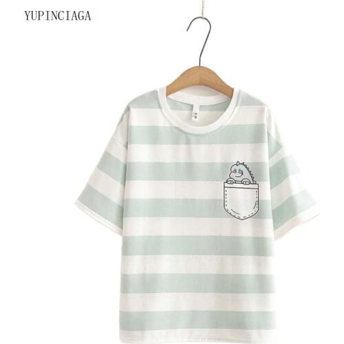 Japan Style Casual T-shirt Cotton Short-Sleeved Women Striped O-Neck Harajuk T Shirts Basic Tops Tees For Girl 2116872