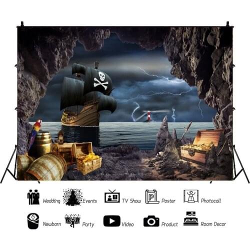 Stormy Pirate Ship Cave Treasure Portrait Photography Background Vinyl Backdrop Birthday Party Photocall Studio Props