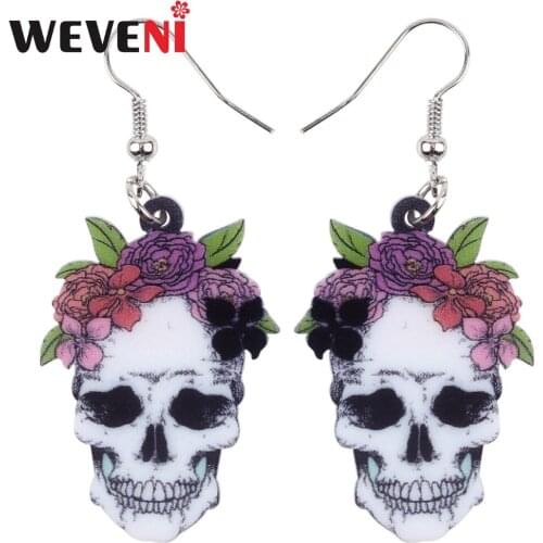 WEVENI Acrylic Halloween Smile Flower Skull Earrings Dangle Drop Big Long Novelty Punk Jewelry For Women Girls Ladies Teen Party