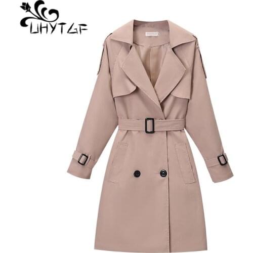 UHYTGF Fashion Womens Coat Mid-Length Double-Breasted Casual Spring Autumn Trench Coat Female Thin 3XL Plus Size Outerwear 1500