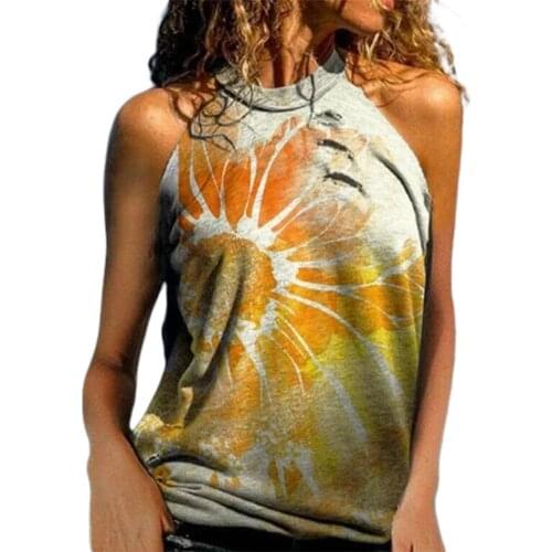 2021 New Stylish Women T-shirt Casual Flower Print Halter Summer Loose Sleeveless Blouse for Dating Party Summmer Hot Sale Top