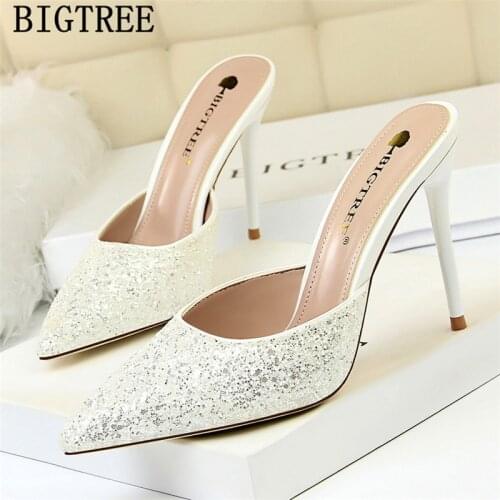 Slides Women Mules High Heels New Arrival 2020 Glitter Heels Pumps Women Shoes Plus Size Shoes Women High Heels Sandals Women