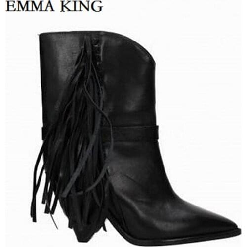 Women Chunky Med Heel Cowboy Ankle Boots Tassel Leather Boots Western Cowgirl Point Toe Boots 2020 Autumn Spring Boots