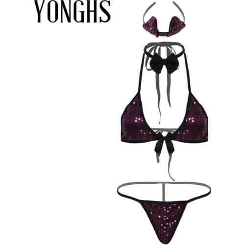 Womens Bikini Lingerie Set Shiny Sequins Sexy Erotic Suit Halter Neck Tie Back Bra Top with G-string Briefs Bowtie and Headband