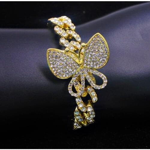 2021 Fashion Iced Out Bling CZ Women Jewelry Hip Hop Miami Cuban Link Chain Gold Silver Color Pink Butterfly Bracelet Gift