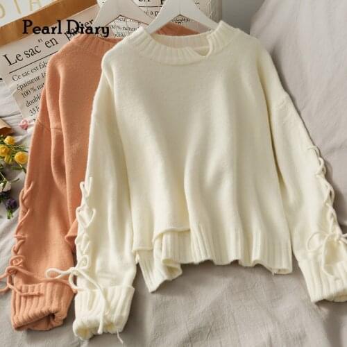 Pearl Diary Women Winter Sweater Cut Out Necklin Long Sleeve Lace Up Details Casual Loose Sweater Solid Color Pullover Femme