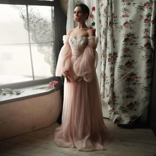 Romantic Blush Pink A-line Bridal Dresses See Thru Puff Sleeves Floral Lace A-line Prom Gowns Fashion Women Party Dress