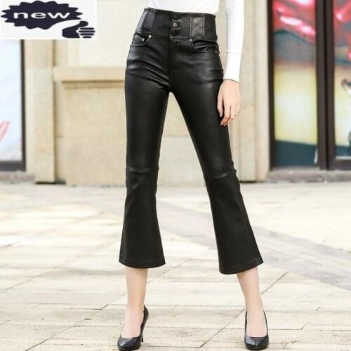 100% Natural Sheepskin Women Sexy Skinny Push Up Luxury Boot Cut Ladies Slim Fit High Waist Button Genuine Leather Pants