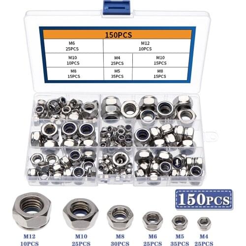 150/182Pcs Nylon Lock Nut 304 Stainless Steel M3 M4 M5 M6 M8 M10 M12 Hex Hexagon Self locking Nut Assortment Kit