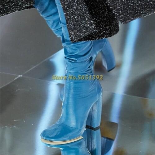 2020 Fashion Long Boots Chunky Heel Square Toe Over The Knee Slim Leather Boots Streach Shoes Runway Dress New Arrivals Shoes