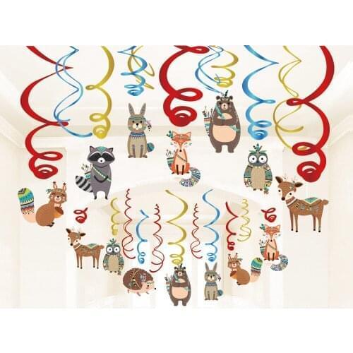 30pcs Cartoon Wild Animals Foil Hanging Swirls Baby Shower Safair Woodland Indian Animals Kids Birthday Party Favor Dcorations