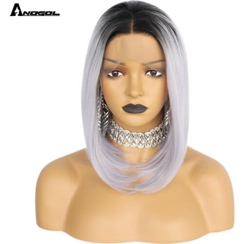 Anogol Ombre Straight Bob Black Grey Synthetic Lace Front Wig Shoulder Length Middle Part Fiber Cosplay Party Hair For Women