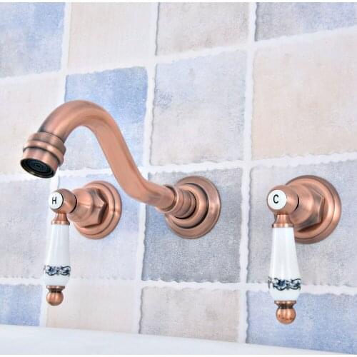 Antique Red Copper Brass Wall Mounted Dual Handles Widespread Bathroom 3 Holes Basin Tub Faucet Mixer Water Taps msf523