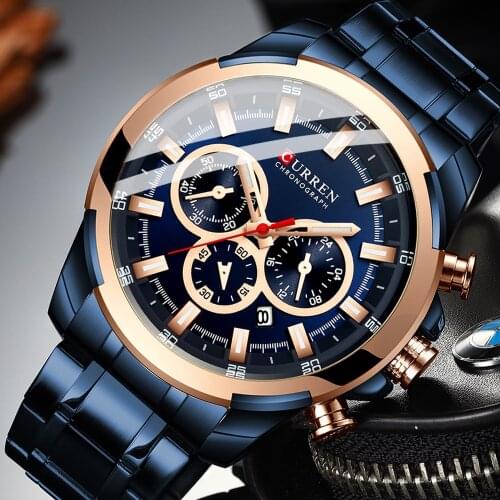CURREN Luxury Man Sporty Watches Casual Quartz Stainless Steel Band Classic Chronograph Wristwatches for Men Blue Clock