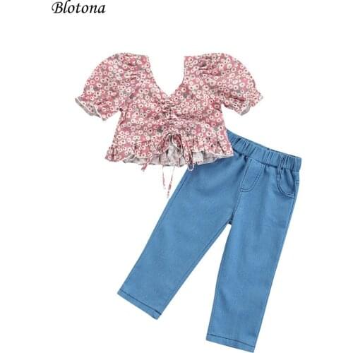 Blotona 2Pcs Kids Girls Summer Outfits, Floral Print Shirred V-Neck Short Sleeve Crop Tops+Solid Color Jeans Casual Set 1-6Years