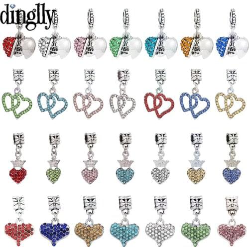 Dinglly 7 Color Heart Pendant Rhinestone Charm For Diy Bracelets & Necklace Couples Family Jewelry Accessories Beads Gift