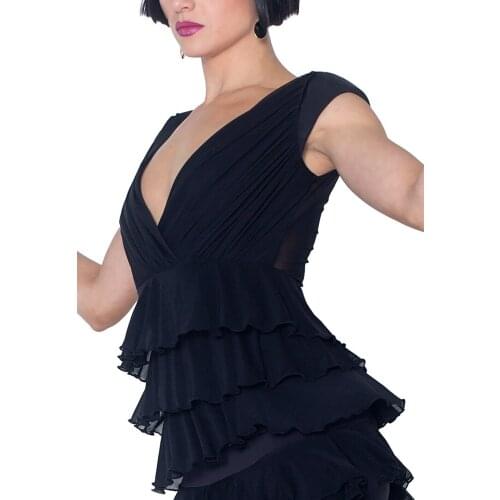 Exotic dance modern dance show deep V back three layers of lotus leaf covered belly sleeveless coat T15002 practice