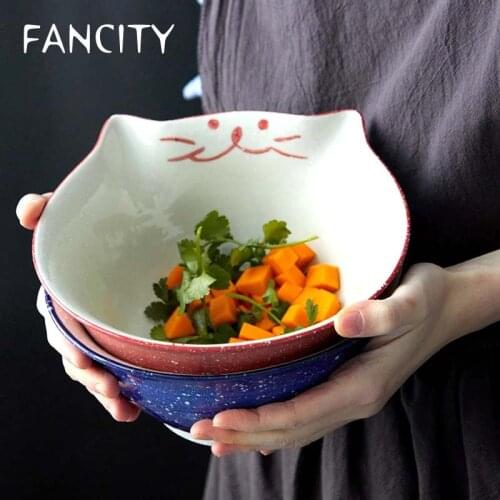 FANCITY 8 inch Cartoon Kitty Bowl Ceramic Noodle Bowl Large Ramen Bowl Restaurant Dinnerware Maneki Neko Cat Soup Bowl