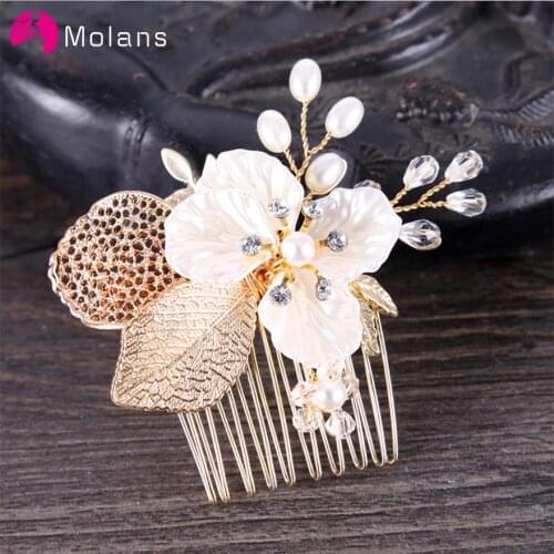 MOLANS Golden Leaves Hair Combs Female Sturdy Alloy Headwear Bridal Flower Pearl Ornaments Brides Party Wedding Hair Accessories