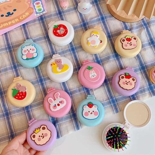 Kawaii Makeup Mirror With Comb Portable Lovely Cartoon Girl Bear Folding Round Cosmetic Travelling Mirror Tools Gifts Supplies