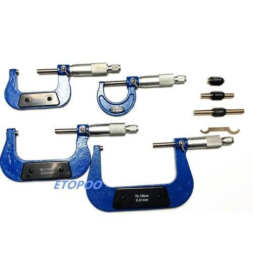 0-100mm Outside Micrometers measuring tools caliper thickness gauge 0-25mm, 25-50mm, 50-75mm, 75-100mm micrometer 4pcs/set