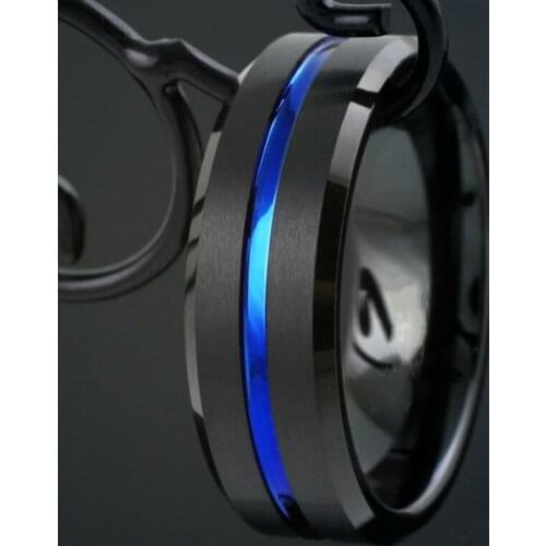 Mens Fashion 8mm Black Stainless Steel Brushed Inlay Thin Blue Line Groove Ring Premium Mens Engagement Wedding Band Jewelry