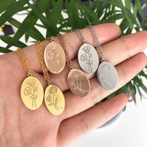 Delicate Birth Flowers Necklace Carnation Rose Charms Layering Flower Month Disc Necklace Jewelry Gold Chain Mother Women Gift