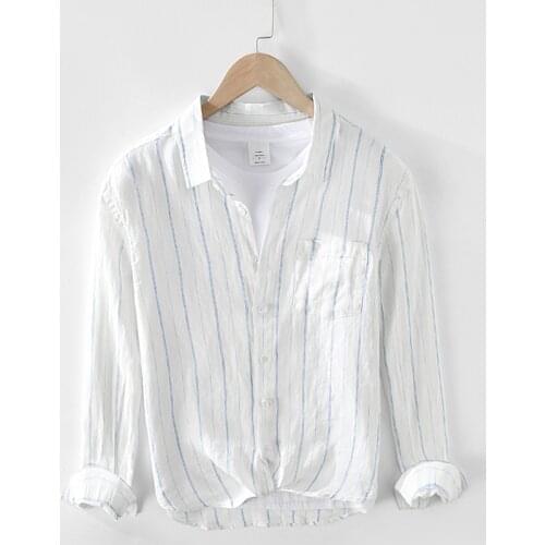 2021 New style pure linen striped shirt men brand long-sleeved white shirts men casual comfortable camisa chemise tops mens