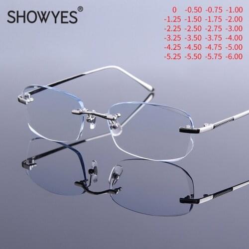 Men Myopia Glasses Rimless Anti Blue Light Blocking Computer Ray Eyeglasses Business Style Nearsighted Frameless Eye Eyewear